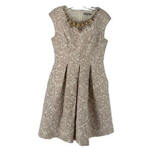 Eliza J Dress Champagne Jacquard Beaded Neckline Size 8 Tulle Fit & Flare Party